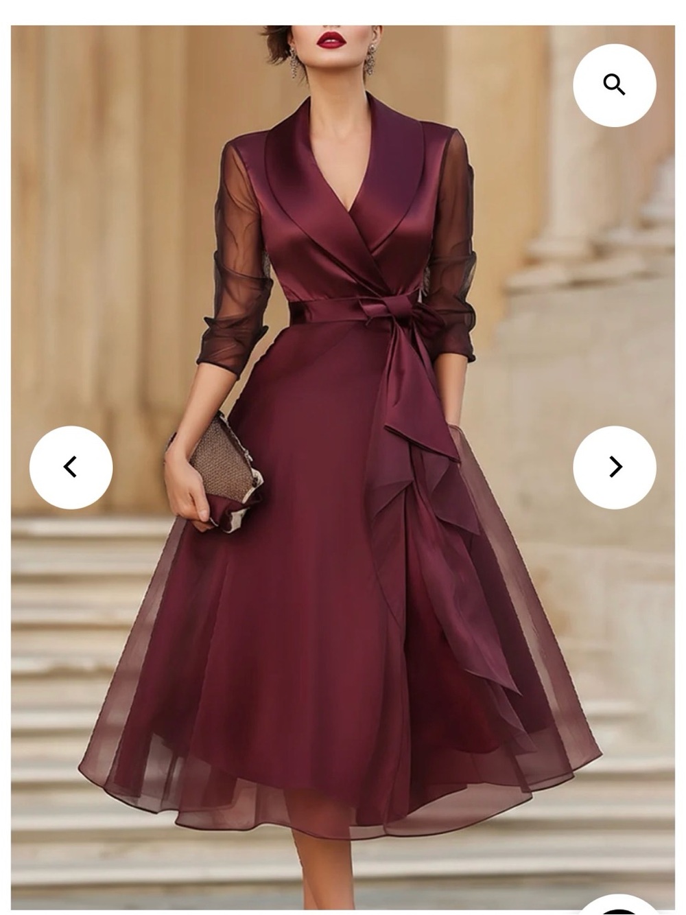Elegant Burgundy Wrap Midi Dress with Sheer Sleeves